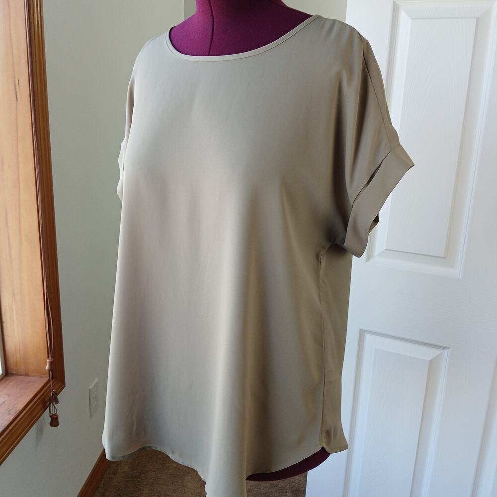 Zenana Woven Wool Dobby Rolled Sleeve Boat Neck Blouse XL khaki green office